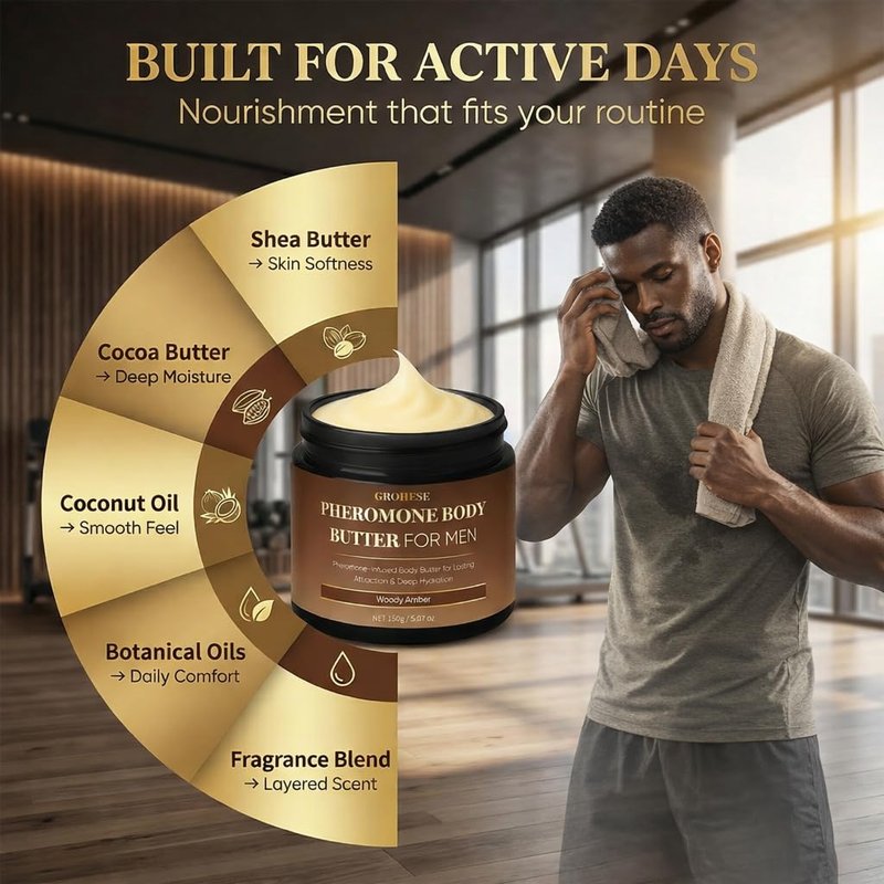 Allaura Beauty Pheromone Body Butter Men, Mens Skin Cream, Cologne-Inspired Fragrance Moisturizer with Shea Butter, Cocoa Butter & Coconut Oil, Non-Greasy Hydrating Body Cream - Woody Amber