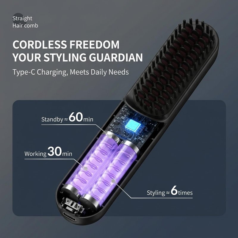 Flown Go Brush Pro Cordless Straightening Brush, Fast Heating, 3 Temp Settings with 300m Negative Ions for Frizz-Free Styling，Portable Travel Styling Tool，USB-C Rechargeable