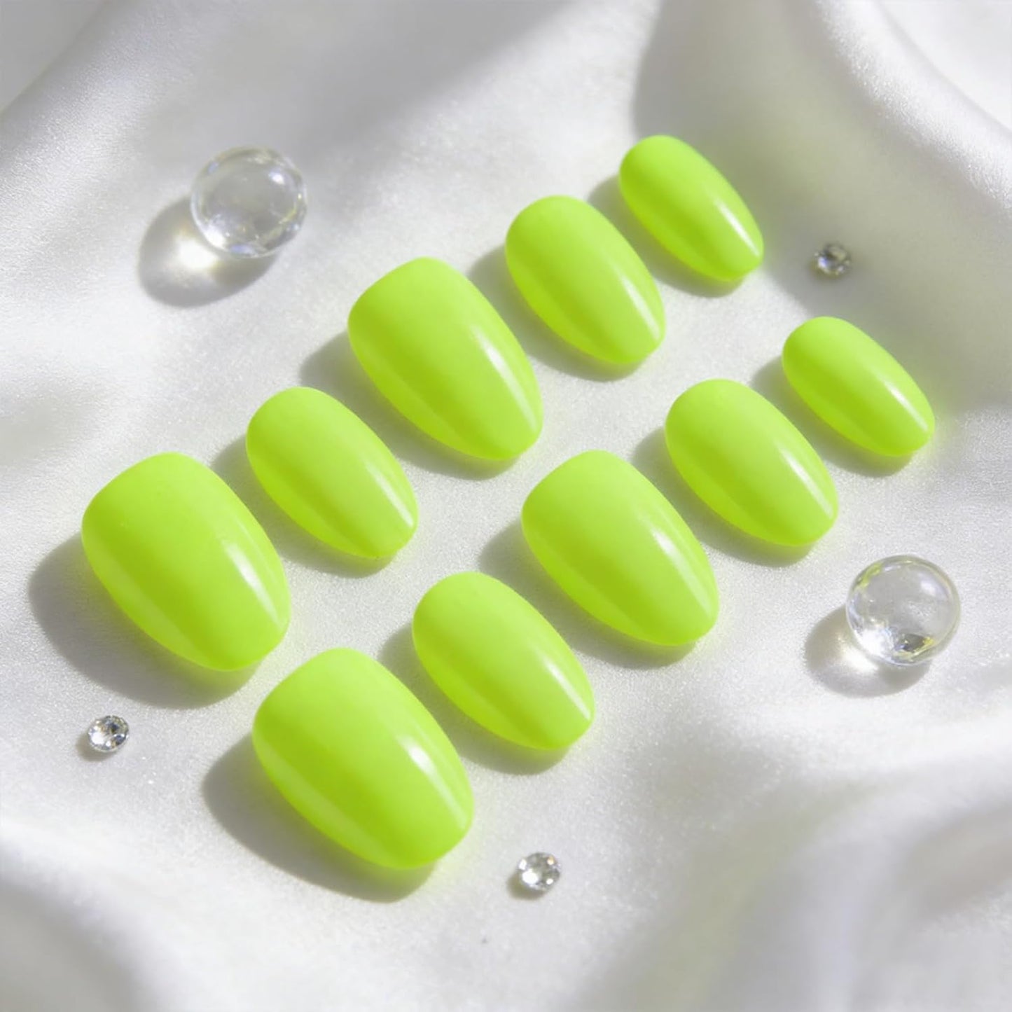 Skiennix Neon Green Press On Nails - Glossy Short Almond Full Cover | 32 Pcs for Stunning Manicures