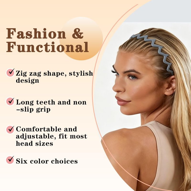 ELLOPH 6 Pack Zig Zag Headbands for Women, Non Slip Headband with Teeth, Plastic Hair Bands for Daily Work Makeup Sports 90s Retro Style Hair Accessories for Women Girls
