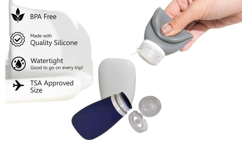 LYOB Travel Bottles for Toiletries, TSA Approved 3oz (90ml) Leak Proof Silicone Refillable Squeeze Travel Size Containers BPA Free for Cleansers, Lotions, Shampoo 3-pk (Black-Gray-White)
