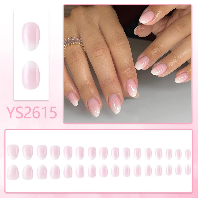 Pink Ombre Press On Nails Short Almond Fake Nails Glossy Full Cover White French Tip Stick On Nail for Women Manicure 32Pcs