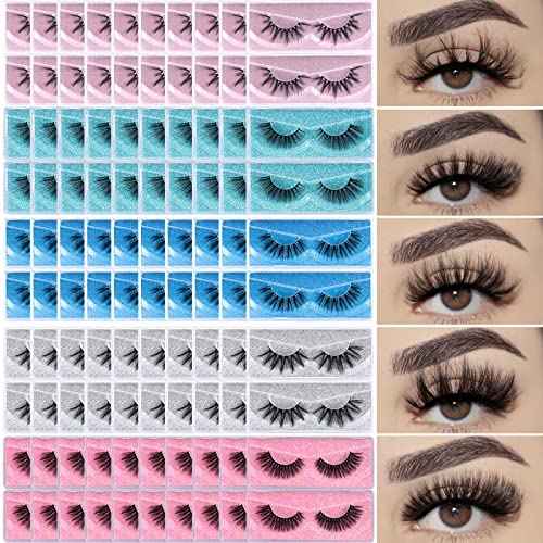 Lashes Bulk Wispy Eyelashes Wholesale 100 Pairs 5 Styles 15mm 18mm Dramatic Cat-Eye Faux Mink Lash Reusable 5D Soft Eyelash with Individual Glitter Portable Pack