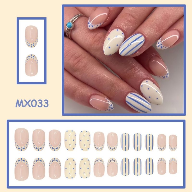 Blue White Press on Nails Stripe Fake Nails French Tip Glue on Nails with Point Design Short Almond Stick on Nail Artificial Acrylic Glossy Full Cover False Nail for Women Girls Manicure 24Pcs