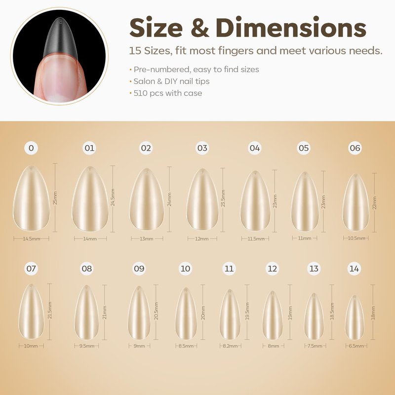 Modelones Medium Almond Nail Tips - 510 Pcs Pre-Shaped Full Matte Fake Nails | Stronger Press-On Extensions in 15 Sizes