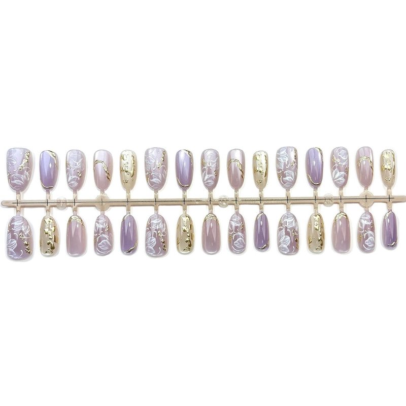 30Pcs Short Almond Press on Nails Purple Flower Fake Nails with Clear Gilding Design Spring False Nails Reusable Artificial Cute Press Ons Stick on Nails Full Cover Glue on Nail for Women Acrylic Tips