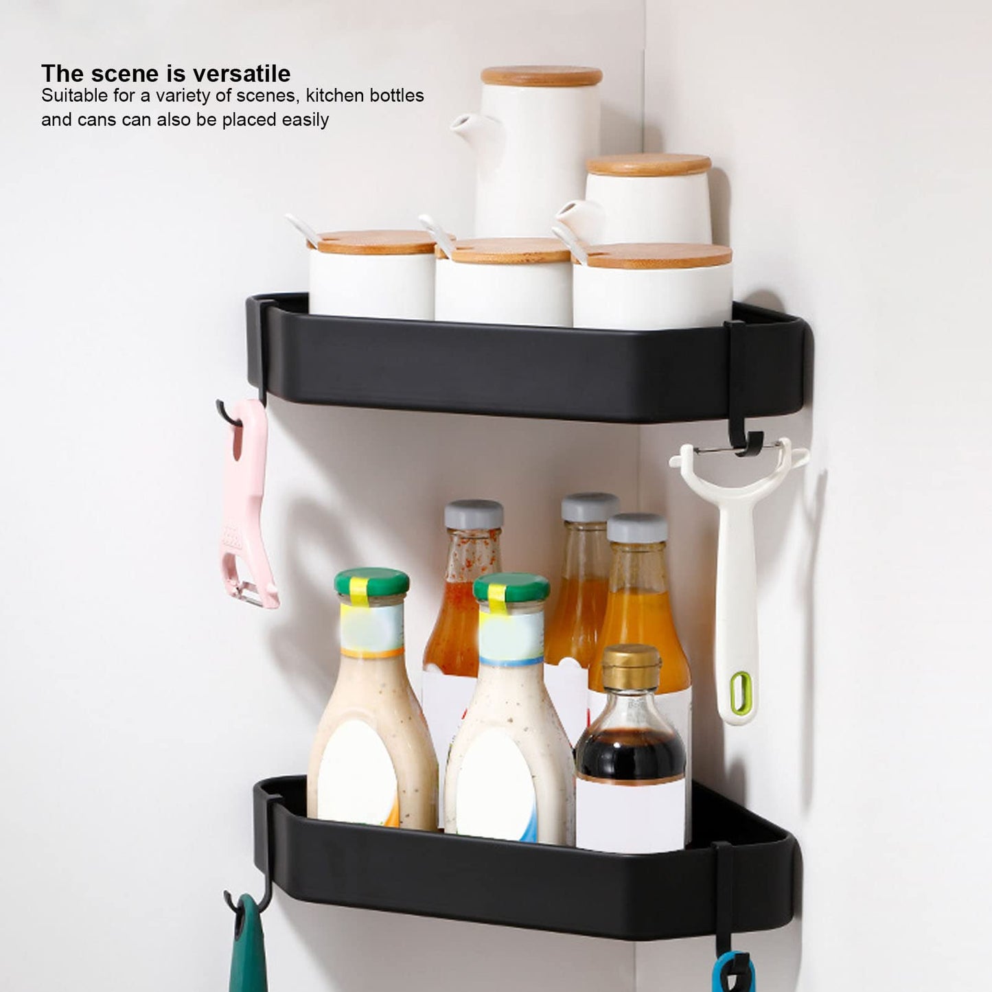 Topyond Shower Caddy, Aluminium Alloy Black Corner Shower Shelves, Durable Bathroom Organizer for Toilet Kitchen Dorm with 2 Hooks, Bath Decor