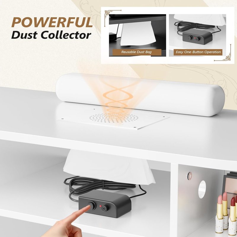 OmySalon Nail Desk - Professional Rattan Manicure Table with Electric Dust Collector & Storage Drawers (White)