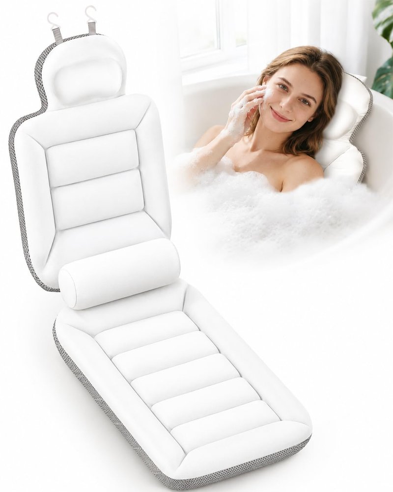 Full Body Bath Pillow for Bathtub, Extra Thick Luxury Bath Cushion with Adjustable Lumbar Support, 240 Suction Cups, Quick Dry 5D Mesh Tub Pillow for Home Spa Relaxation 52" x 17"
