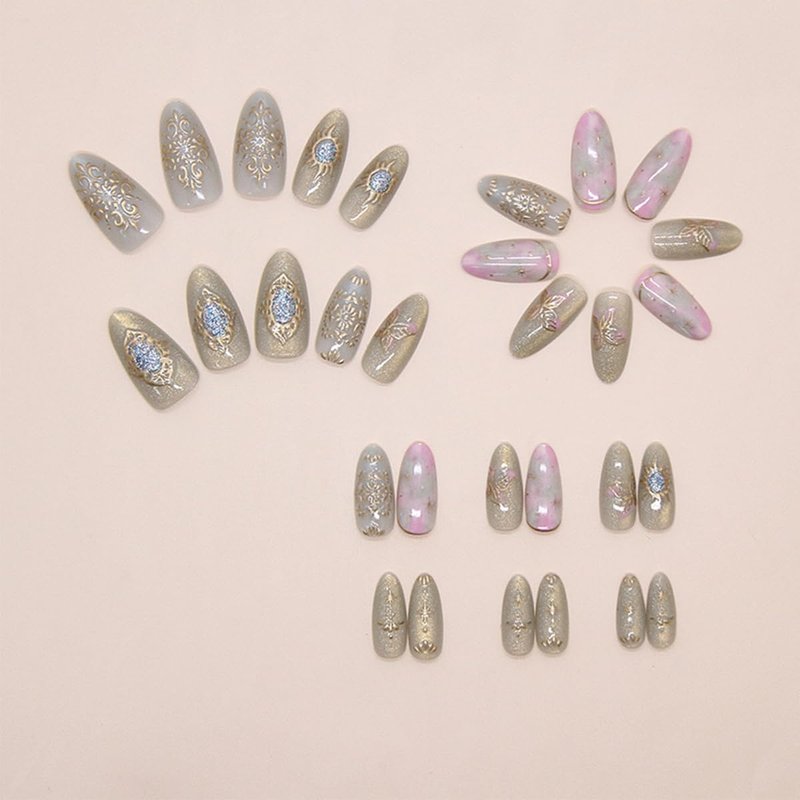 Skiennix 30Pcs Almond Press-On Nails - 3D Gold Star Design, Glossy Full Cover, Reusable & Stylish