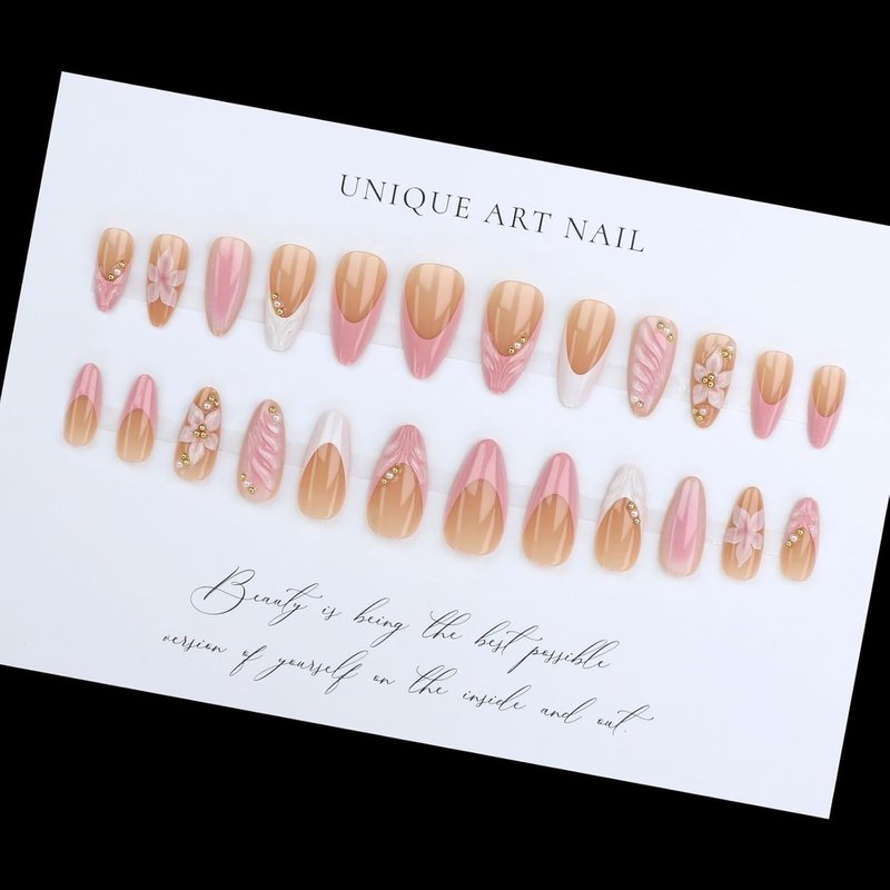 French Tip Press-On Nails - 24 Pcs Medium Almond with 5D Flower Pearls | Pink Glossy Full Cover