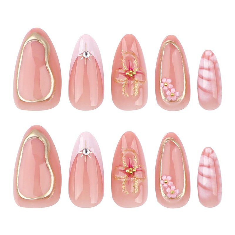 24Pcs Spring Almond Press on Nails Short French Tip Fake Nails with 3D Flower Charms Rhinestones Glue on Nails Flesh Pink False Nails Gold Line Stick on Nails Floral Stiletto Acrylic Nails for Women
