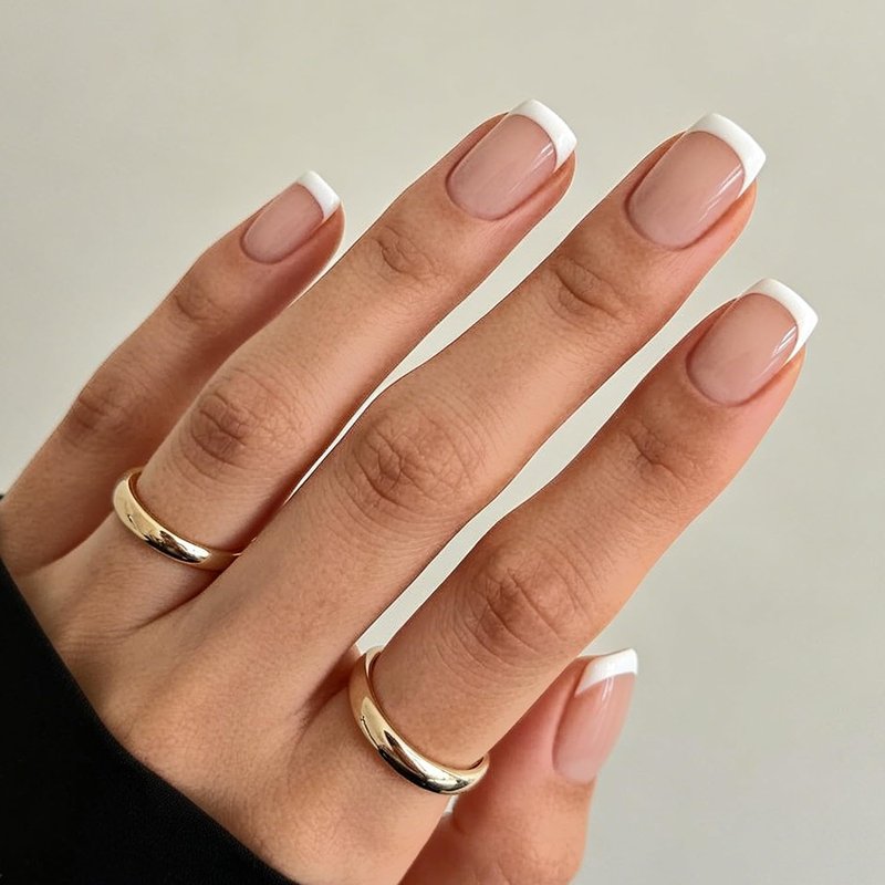 Modelones French Tips Press on Nails, Summer Pink White Short Square Fake Nails, Reusable Nail Kit with Nail Glue Adhesive Tabs Mini Nail File, Nails Press Ons 32Pcs 16 Sizes, Women Girl Gift