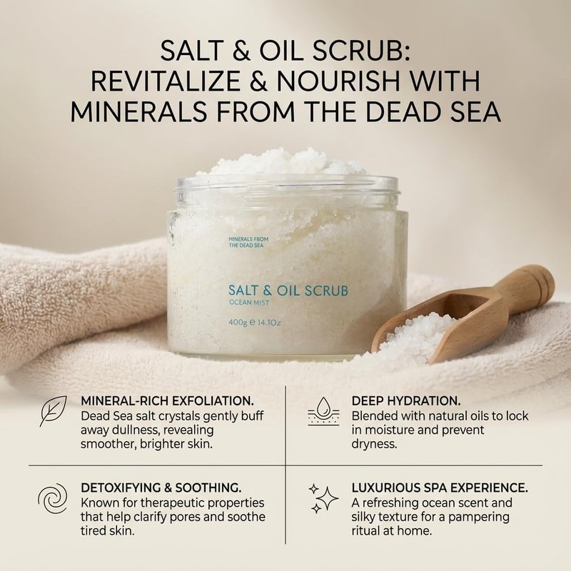 SEACRET Minerals Dead Sea Salt & Oil Body Scrub - Exfoliator with Rosehip, Sea Buckthorn & Green Tea, Mineral Rich Spa Treatment Stimulates Cell Renewal, Ocean Mist, 14.1 Fl Oz / 400 ml