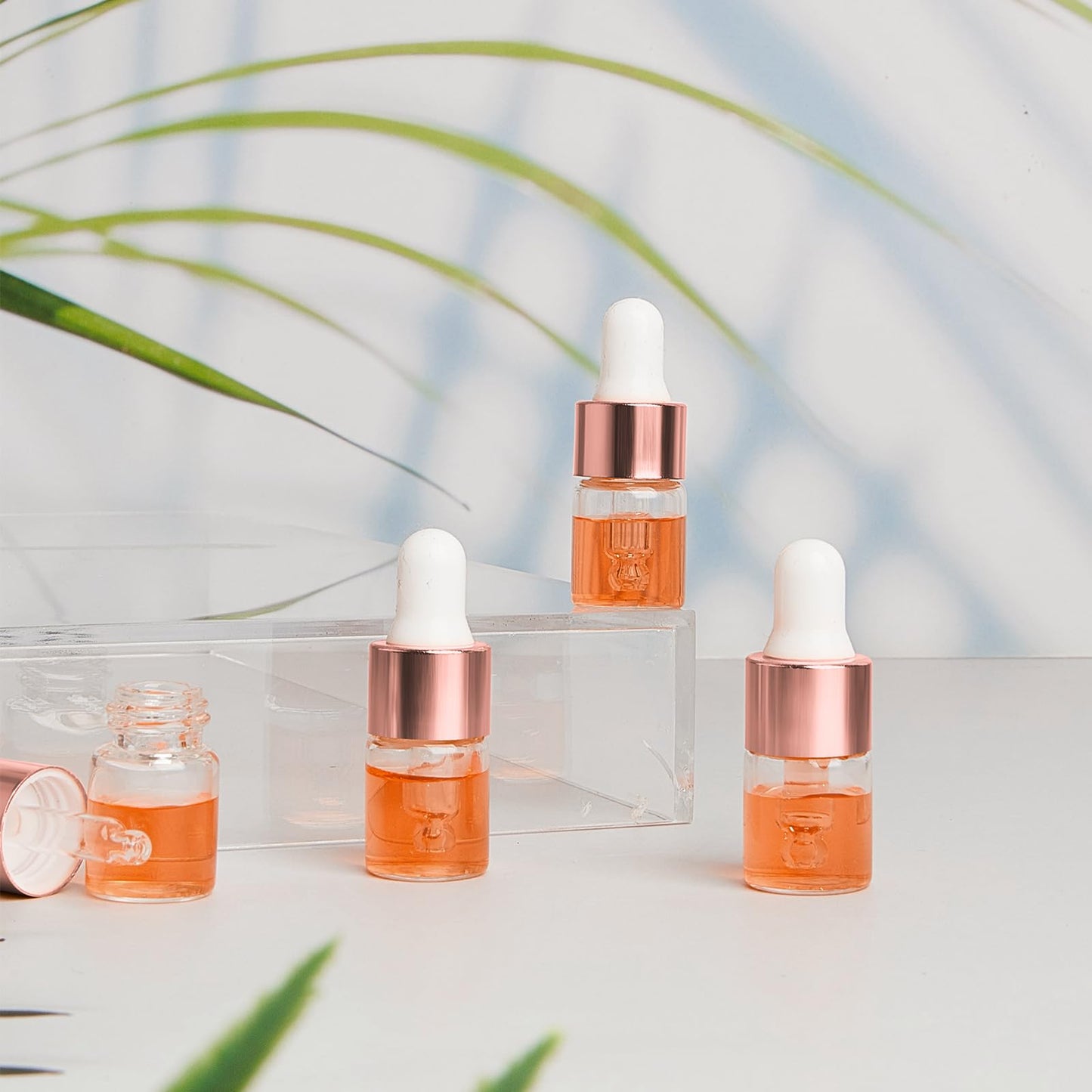 Didaey 100 Pcs 2 ml Mini Glass Oil Dropper Bottle Bulk, Clear Essential Small Empty Bottles Sample Containers Perfume Liquid Vials with Cap for Traveling(2 ml, Rose Gold)