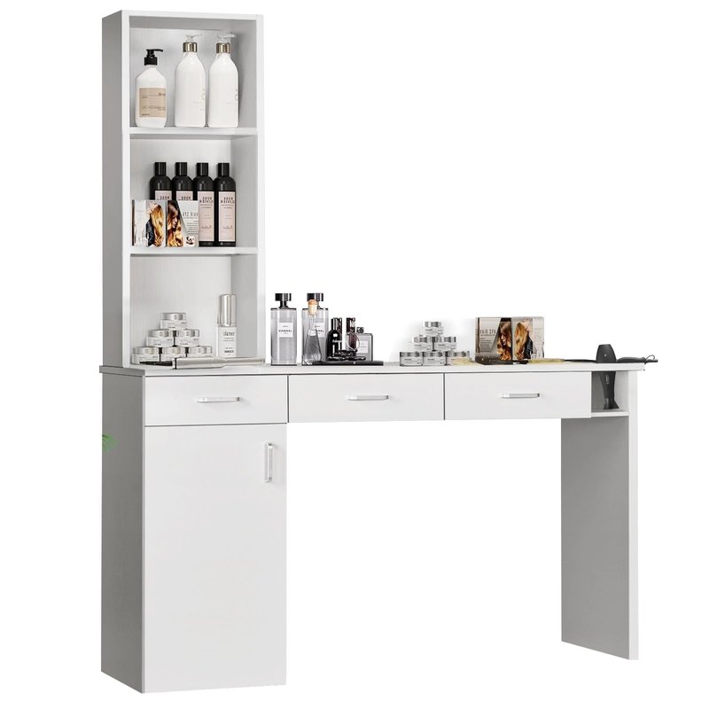 4ever2buy Hair Salon Station for Hair Stylist, Salon Wall Station with Barber Cabinet, Barber Stations Equipment Hair Dryer Holder, Drawers (White)