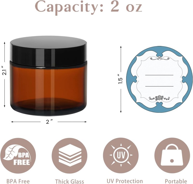 Skiennix 2 Oz Amber Glass Jars - 12 Pack Airtight Cosmetic Containers with Lids for Lotions & Creams