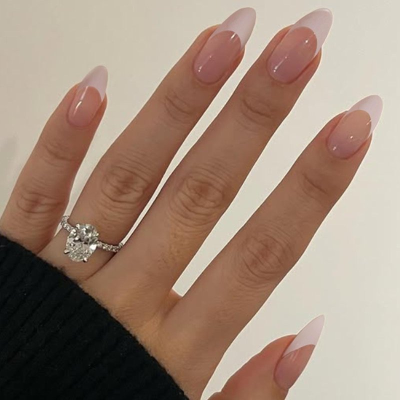 24Pcs White French Tip Press on Nails Almond Medium Fake Nails Glossy Glue on Nails Press ons Daily Wear Simple Nude Stick on Nails for Women Girls