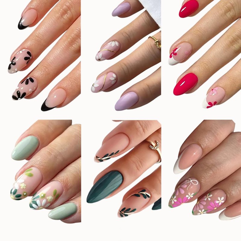 Skiennix Flower Press On Nails - Medium Almond French Tip Design - 144 Pcs Full Cover Glossy Acrylic