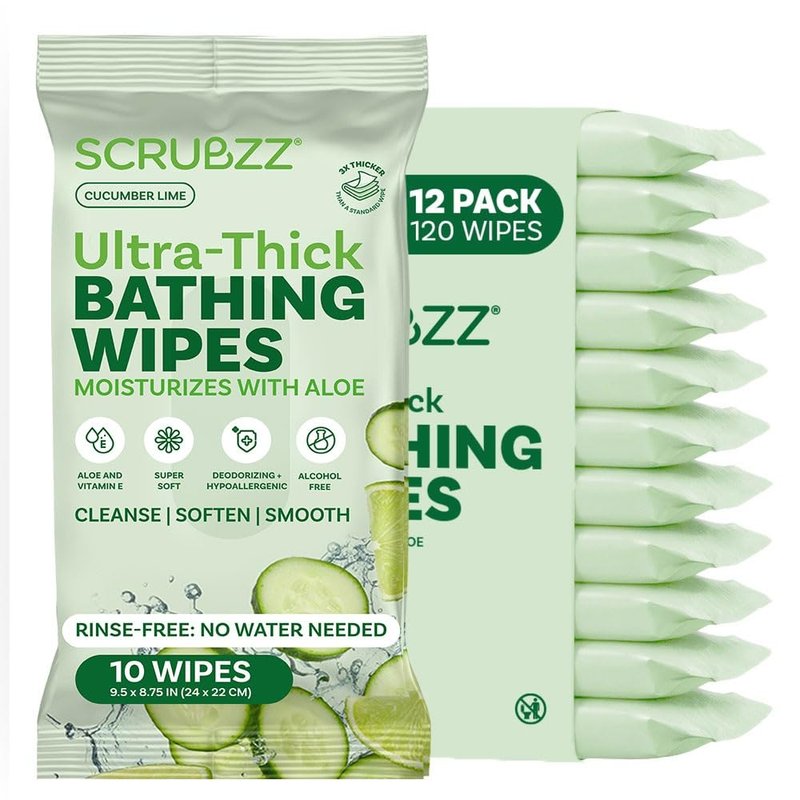 Extra Large Bath Wipes for Adults Bathing No Rinse - 120 Ultra Thick Disposable Body Cleansing Wipes for Men, Women & Elderly - Great for Gym, Camping, Post Surgery - Cucumber Lime