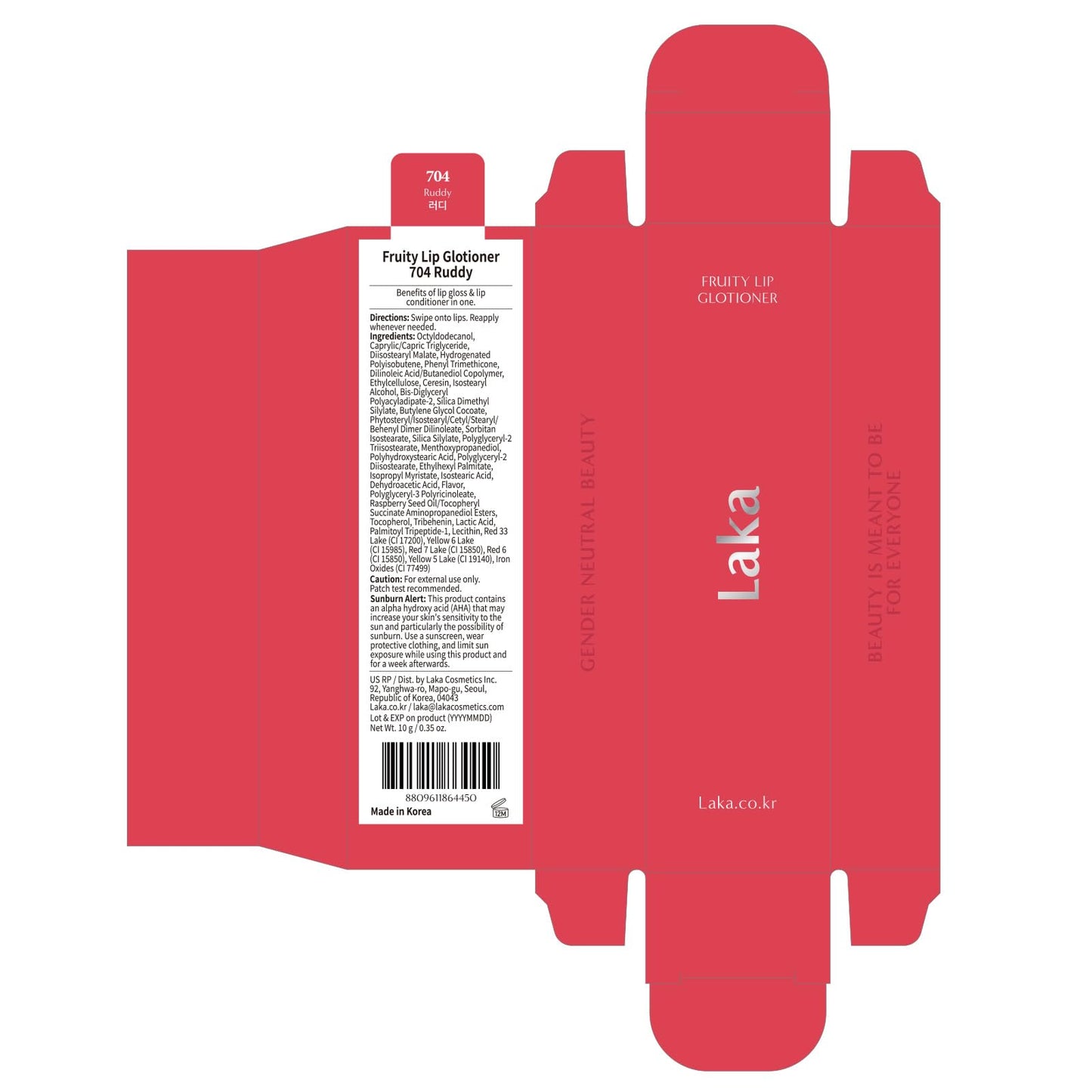 Laka Fruity Lip Glotioner, 10ml/0.33 fl.oz, Lip Gloss with High Shine Vivid Colors, Jelly tip for Hygienic & Easy Application, K-Beauty (#704 Ruddy)