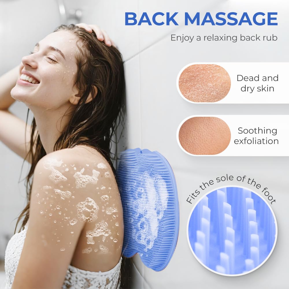 Silicone Shower Foot Scrubber Mat,2025 New Back Exfoliating Bath Wash Pad Wall Mounted Anti-Slip Suction Cups Foot Scrubber,Deep Cleaning Brush Back Massager Pad for Women Men (B-Blue)