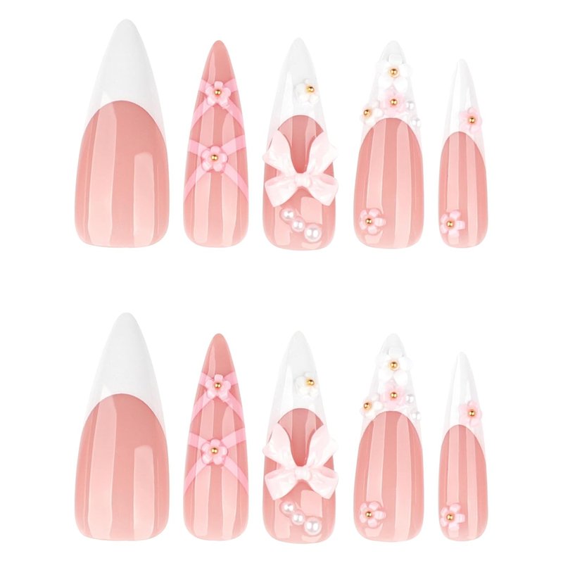 Long Almond Press-On Nails - Pink French Tip with 3D Bow Flower Designs | 24 Pcs Stiletto Artificial Nails for Women