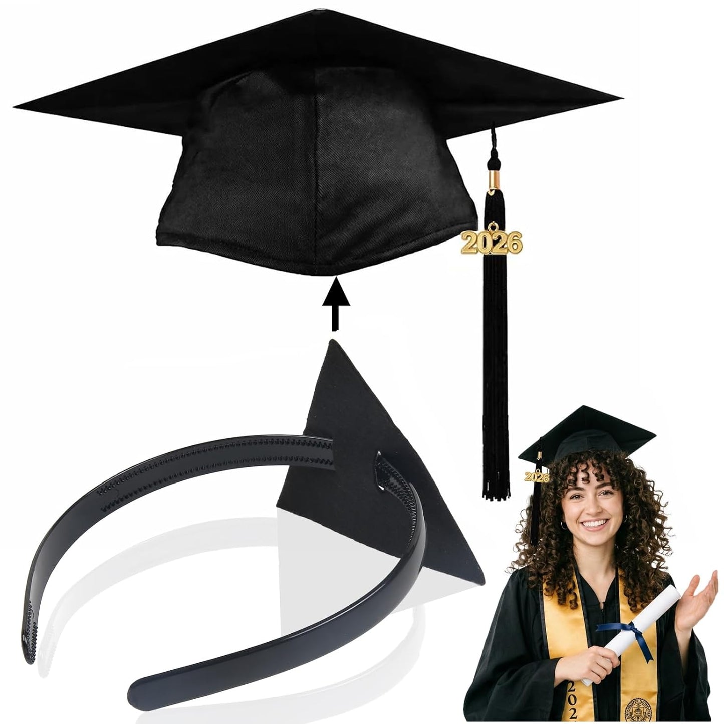TERSE Graduation Cap Headband Insert for Hair, Secure Fit Grad Cap Head Band for Curly and Thick Natural Hair, No-Slip Headband for Graduation Caps for Women and Men, Black
