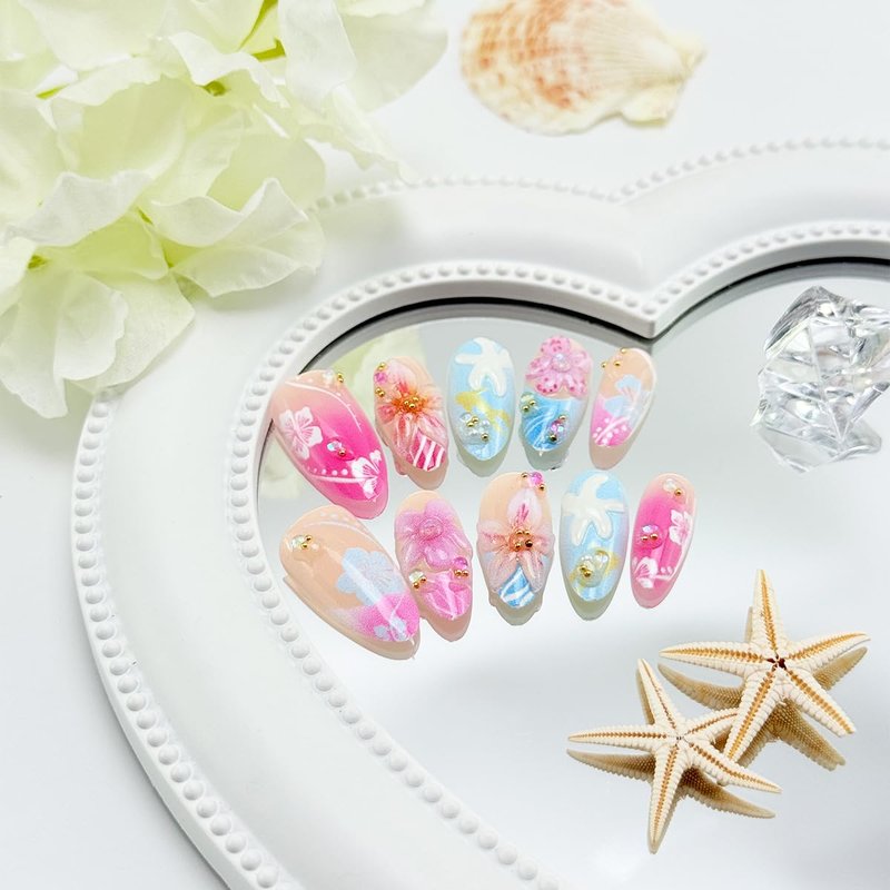 30Pcs 3D Tropical Flower Press on Nails Medium Almond Handmade Fake Nails with Hibiscus Floral Starfish Designs Pink Blue Gradient French Tip False Nails Reusable Summer Beach Acrylic Nails for Women