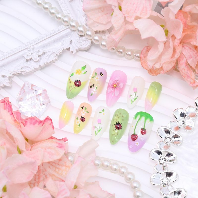 24Pcs 3D Floral Press on Nails Almond Shape Spring Cute Fake Nails with Bee Ladybug Design French Tip Acrylic False Nails Medium Length Reusable Stick on Nails Full Cover Artificial Nails for Women