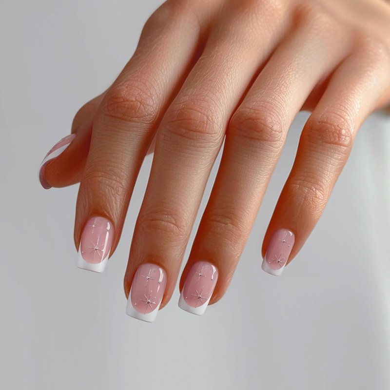 French Tip Press On Nails - Pink Short Soft Gel Nails with Stars | 32 Stick-On Nails in 16 Sizes
