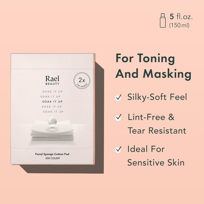 Rael Cotton Pads for Face - Lint-Free Facial Sponge for Toner & Makeup Removal | Soft & Thin, 200 Count