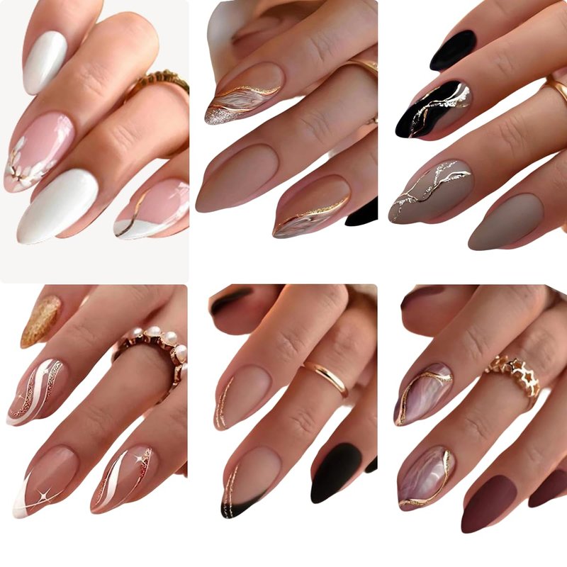 144Pcs Press on Nails Medium Almond Fake Nails French Tip False Nails with Designs Stick on Nails Full Cover Acrylic Nail for Women Manicure 6 Packs