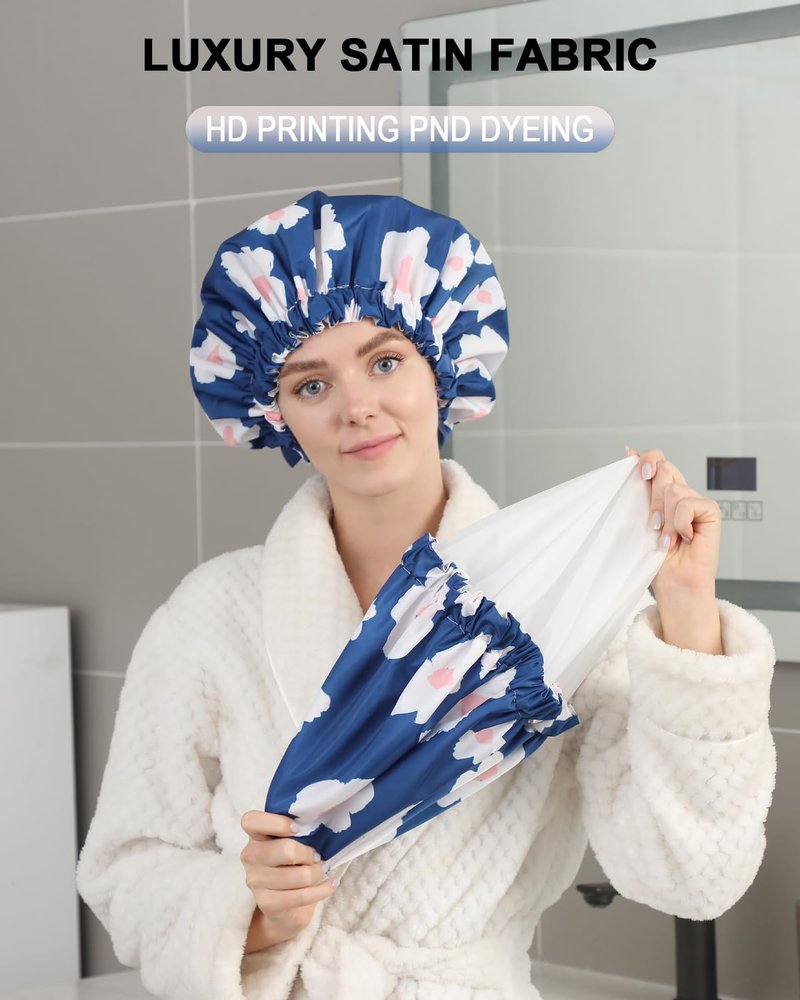 YIZIJIZI Shower Cap - Two Layer Waterproof Large Shower Cap for Women, Reusable Shower Caps for Long Thick Hair, Adjustable for Double Layer Adjustable Soft Bath Shower Caps (Blue)