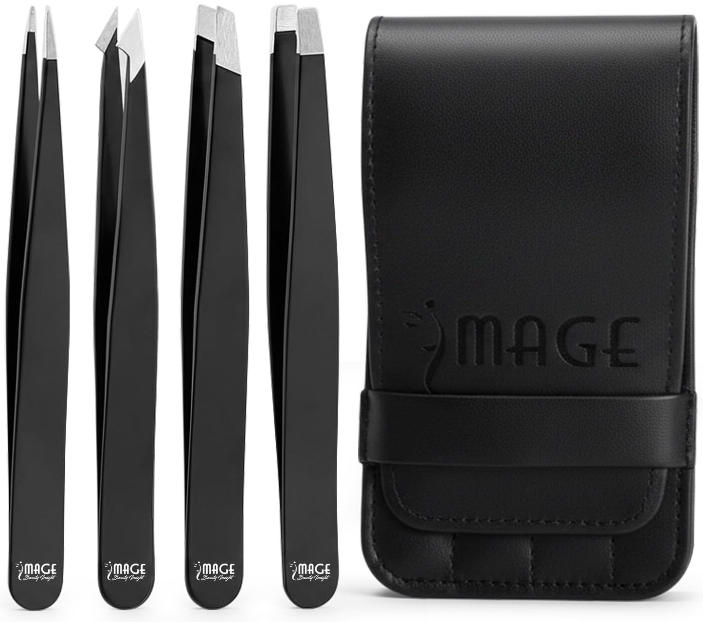 Tweezers for women facial 4 Piece Stainless Steel Precision Tweezers Kit with Leather Case for women & men Multi purpose as eyebrows facial hair ingrown hair removal