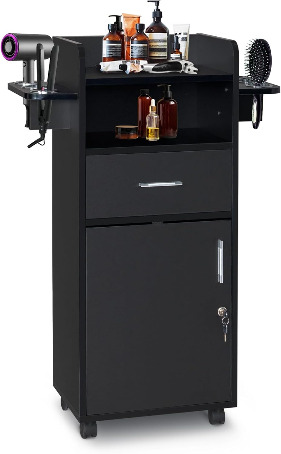 Winado Beauty Salon Trolley Cart - Rolling Salon Station with 360° Wheels, 6 Tool Holders & 1 Drawer | Black