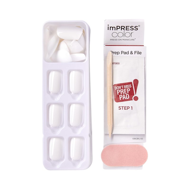 Kiss Impress No Glue Mani Press On Nails, Color, 'Frosting', White, Short Size, Squoval Shape, Includes 30 Nails, Prep Pad, Instructions Sheet, 1 Manicure Stick, 1 Mini File