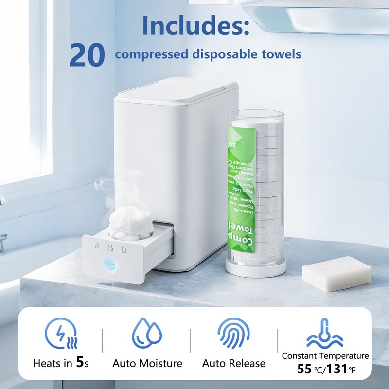 Hot Towel Dispenser for Face, Instant 5s Heating Towel Warmer, Auto Dispensing Machine with 20 Compressed Towels for Home Spa, Facial Care, Makeup Removal & Beard Prep