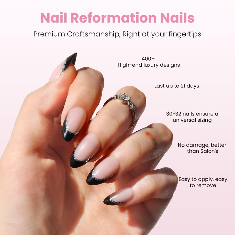 Press On Nails - Silver Lining Black Glitter French Tip | Short Almond Reusable Stick-On Nails, 16 Sizes - 32 Nail Kit for Women