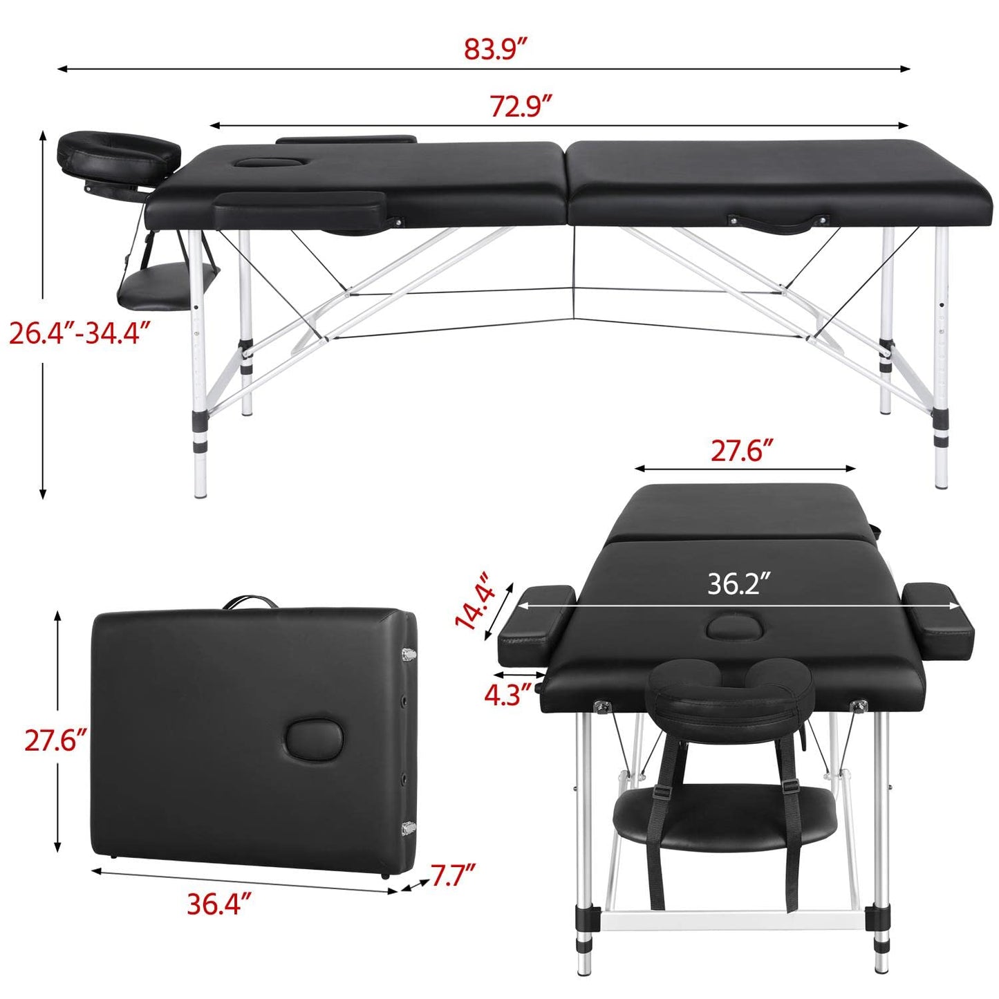 Yaheetech Massage Tables Portable Massage Bed Aluminium Height Adjustable Facial Salon Tattoo Bed with Non-Woven Bag, 28 inch Width Black
