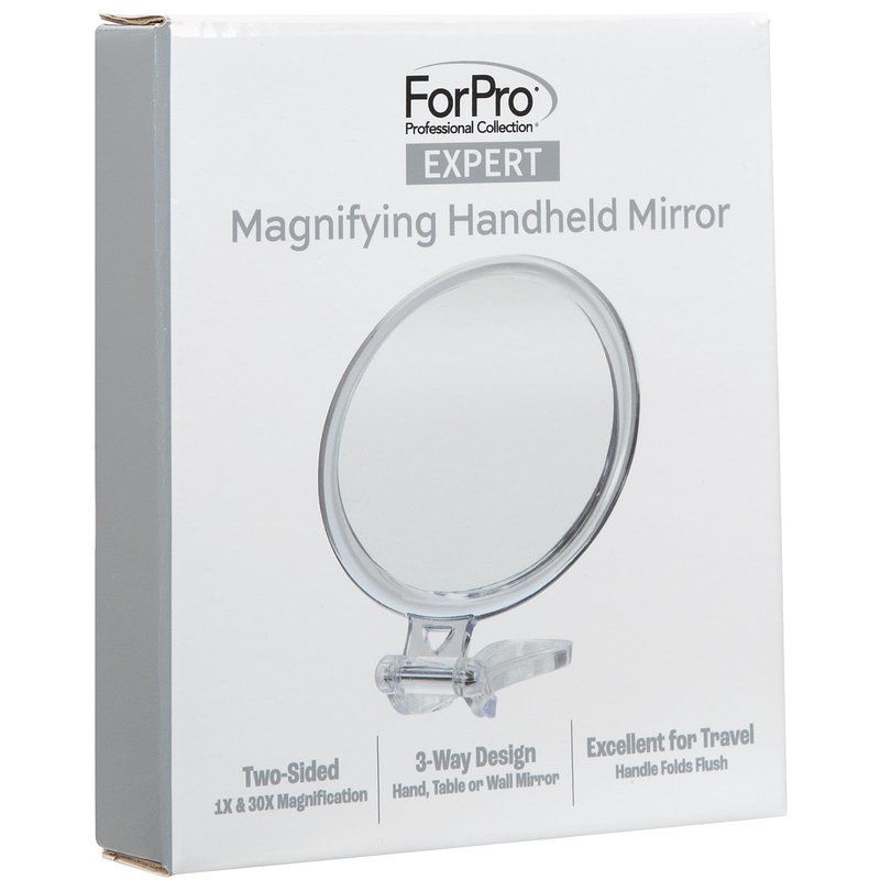 ForPro Professional Collection Expert 30X Magnifying Handheld Mirror, Double-Sided Hand Mirror with Folding Adjustable Handle for Makeup, Travel, Clear