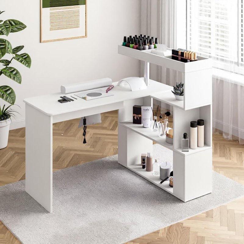 Skiennix Manicure Table - L-Shaped Nail Tech Desk with Dust Collector & Storage Shelf | Acetone Resistant, White