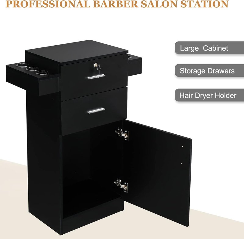 OmySalon Hair Stylist Salon Station - Large Storage Cabinet with 2 Drawers & 6 Hair Dryer Holders | Black