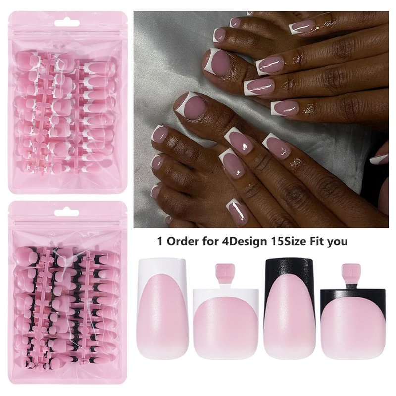 HWHUNO 4 Design French Soft Gel Toe Nail Tips Set,120Pcs White Pink Black Full Cover Square Tip Press on Nails & Press on Wider Toenails for Women Home Diy Salon 15 Sizes