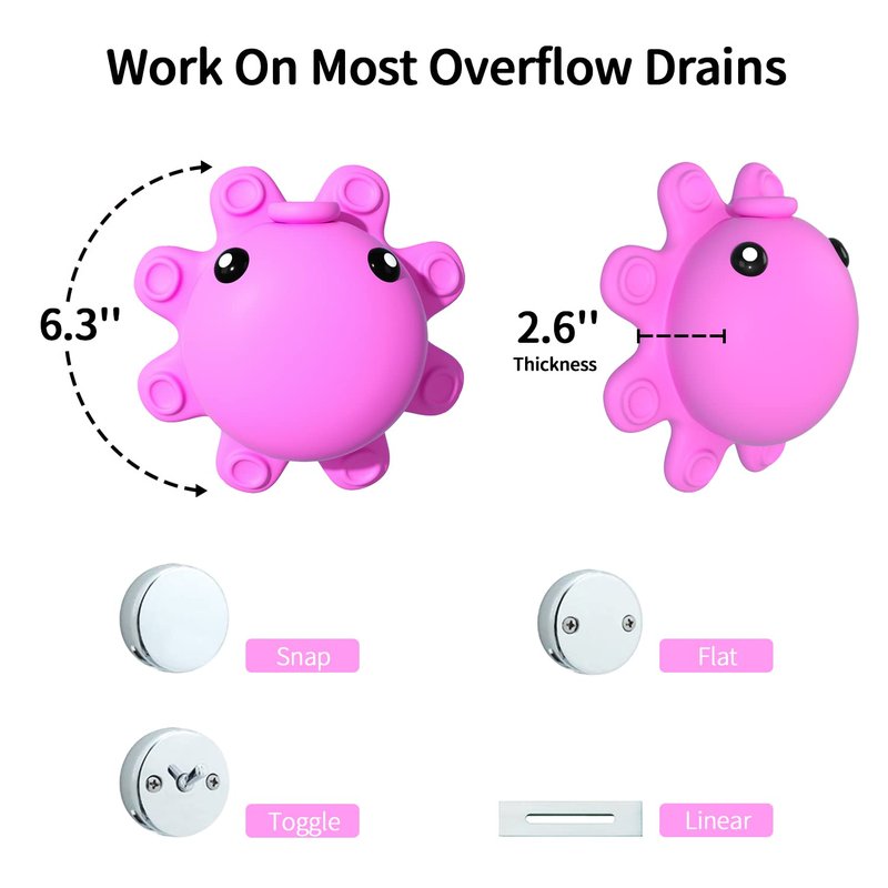 Silicone Bathtub Overflow Drain Cover with Suction Cup - Adds Inches of Water for Deeper Bath, Deep Pink