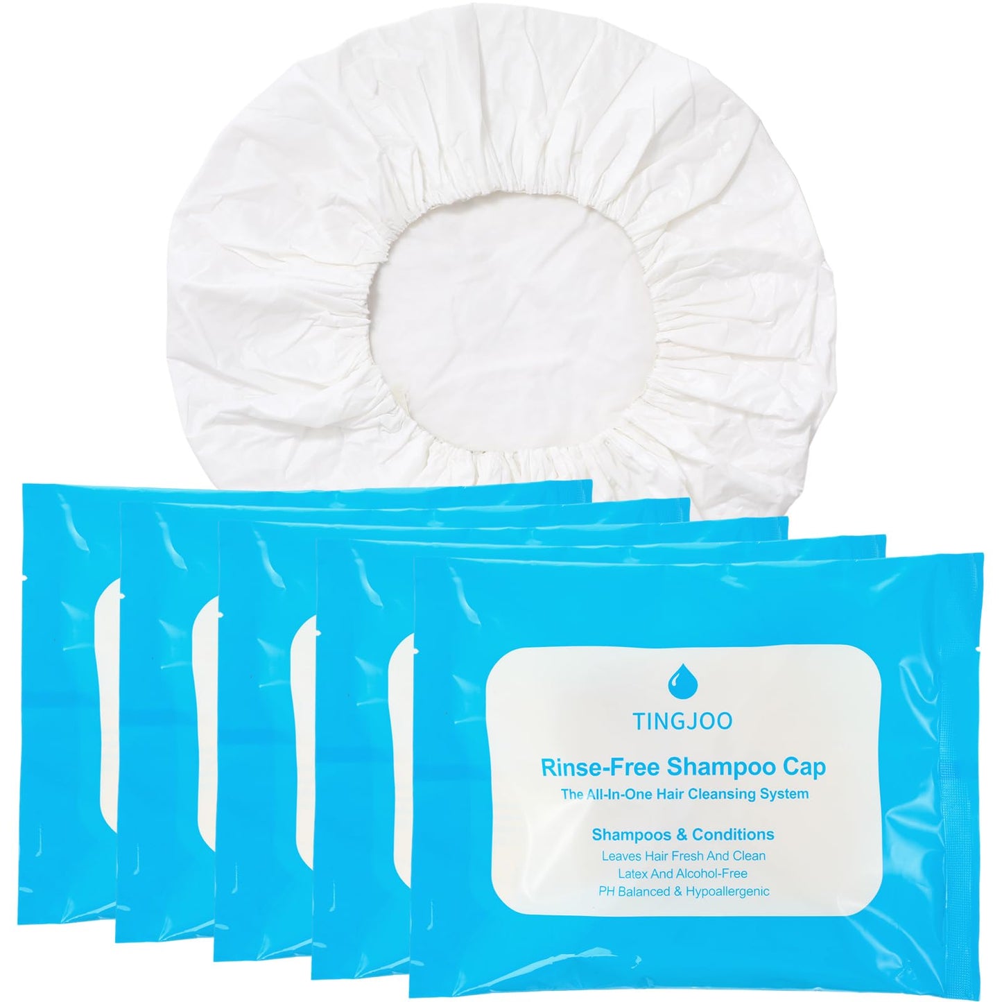 Tingjoo 5 Pcs No Rinse Shampoo Cap Bulk Waterless Rinse Free Disposable Dry Hair Wash Caps for Elderly, Bedridden Patients, Post Surgery, Hospital Stays