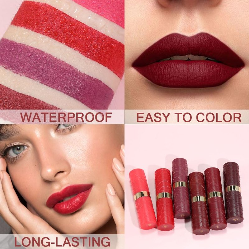 Matte Lipstick Set - 6 Pcs Long-Lasting Waterproof Lip Color | Nude Pink, Dark Red, Purple, Wine Red, Plum