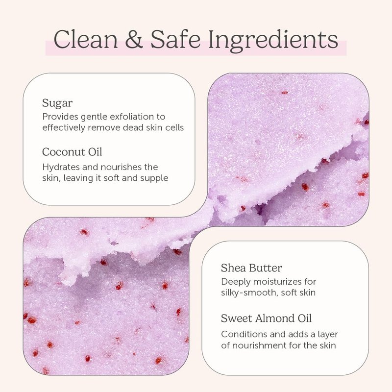 Sugar Body Scrub, Exfoliating Body Scrub with Moisturizing Shea Butter and Coconut Oil, Paraben Free, SLS Free, Cruelty Free Skin Care for Women and Girls, Handmade Fresh, 8 Oz (Lavender)