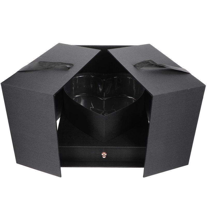 GLEAVI Heart Shaped Flowers with Square Lids Black - Hearts Floral Bouquet Packing Box Double Layer Arrangement Jewelry Paper Cardboard Treat Box for Girlfriend Wife Mom