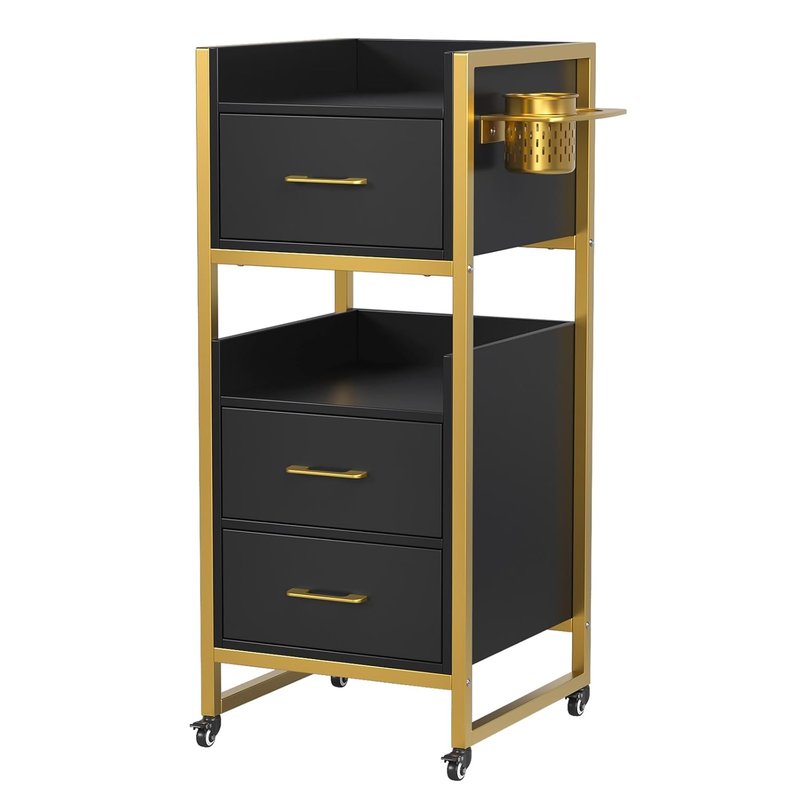 OmySalon Salon Trolley Cart - Mobile Hair Styling Station with 3 Drawers & Tool Holders | Black